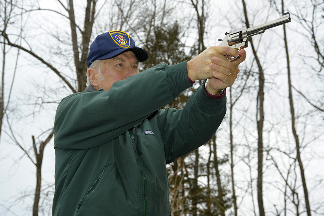 Shooting wadcutter bullets at target velocities is a great way to spend the better part of the day relaxing. Here, Stan is firing the nickel-plated version of the Model 14.